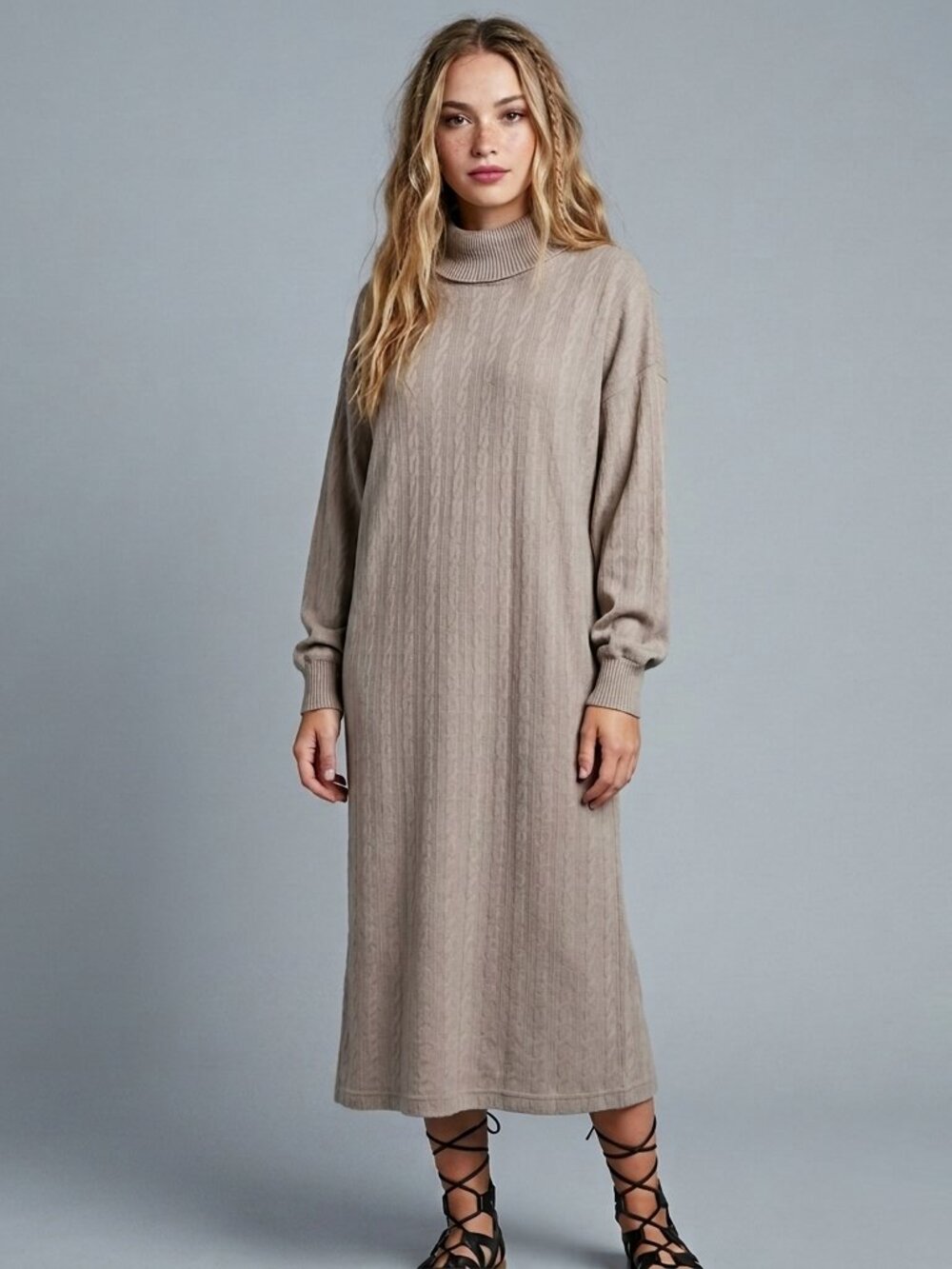 Vtg 80s Mike & Me Baggy Batwing Cocoon Midi Dress Beige Cable Knit Texture M/L
